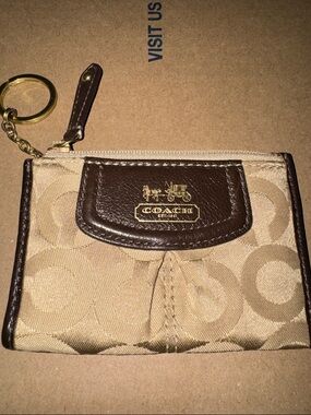 Coach Khaki and Brown Signature Card Case with Key Ring